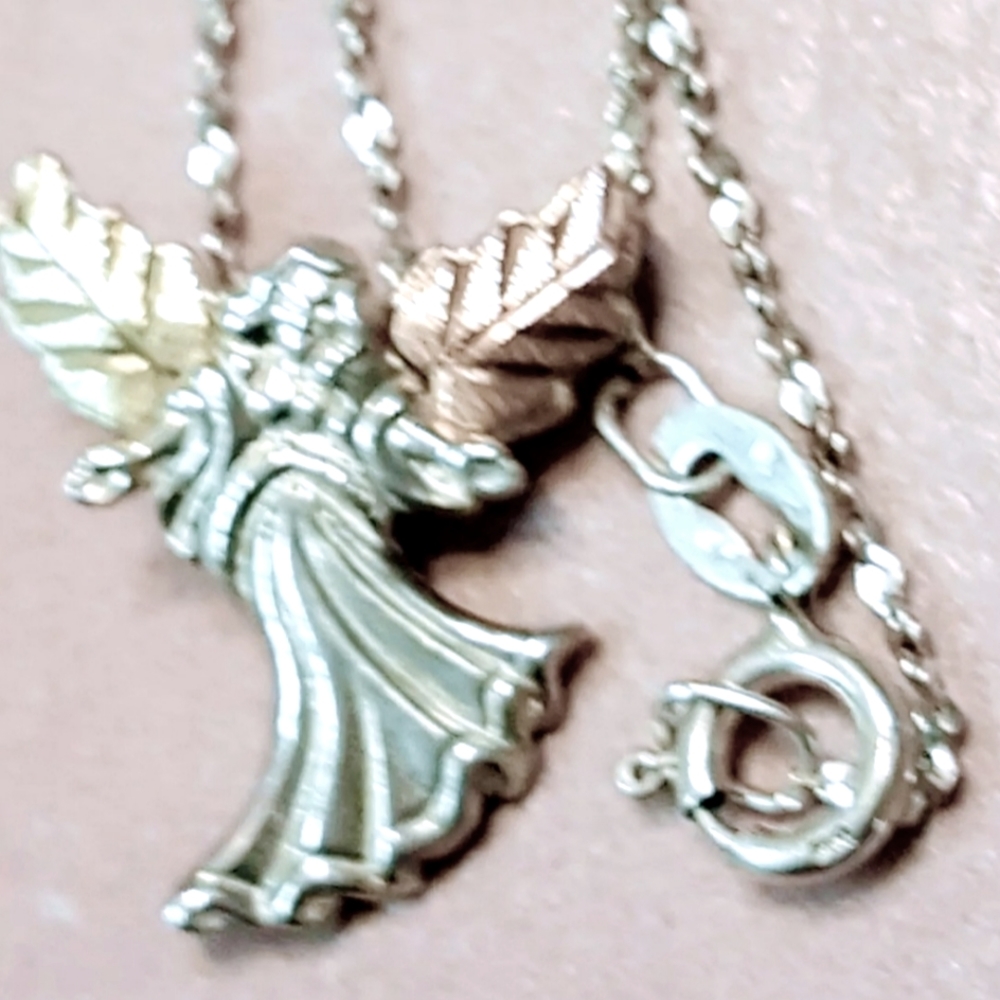SS 925/12K Black Hills Gold Angel Pendant Necklace
